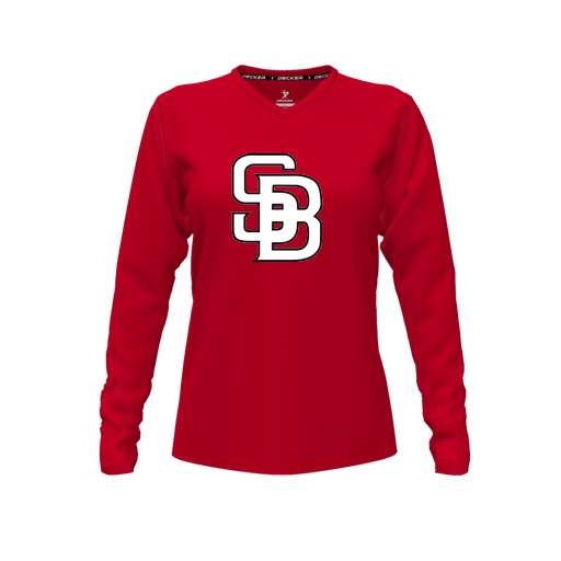 [CUS-DFW-TEES-PER-VNK-LSL-RED-FYXS-LOGO1] Decker Performance T-Shirt (Female Youth XS, Red, V Neck, Logo 1, Long Sleeve)